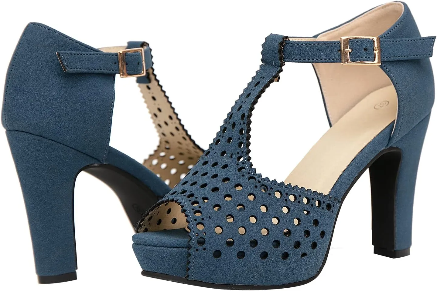 getmorebeauty Women's Vintage Heeled Sandals Suede Ankle T Straps Dress Block High Heel Sandals Women Shoes