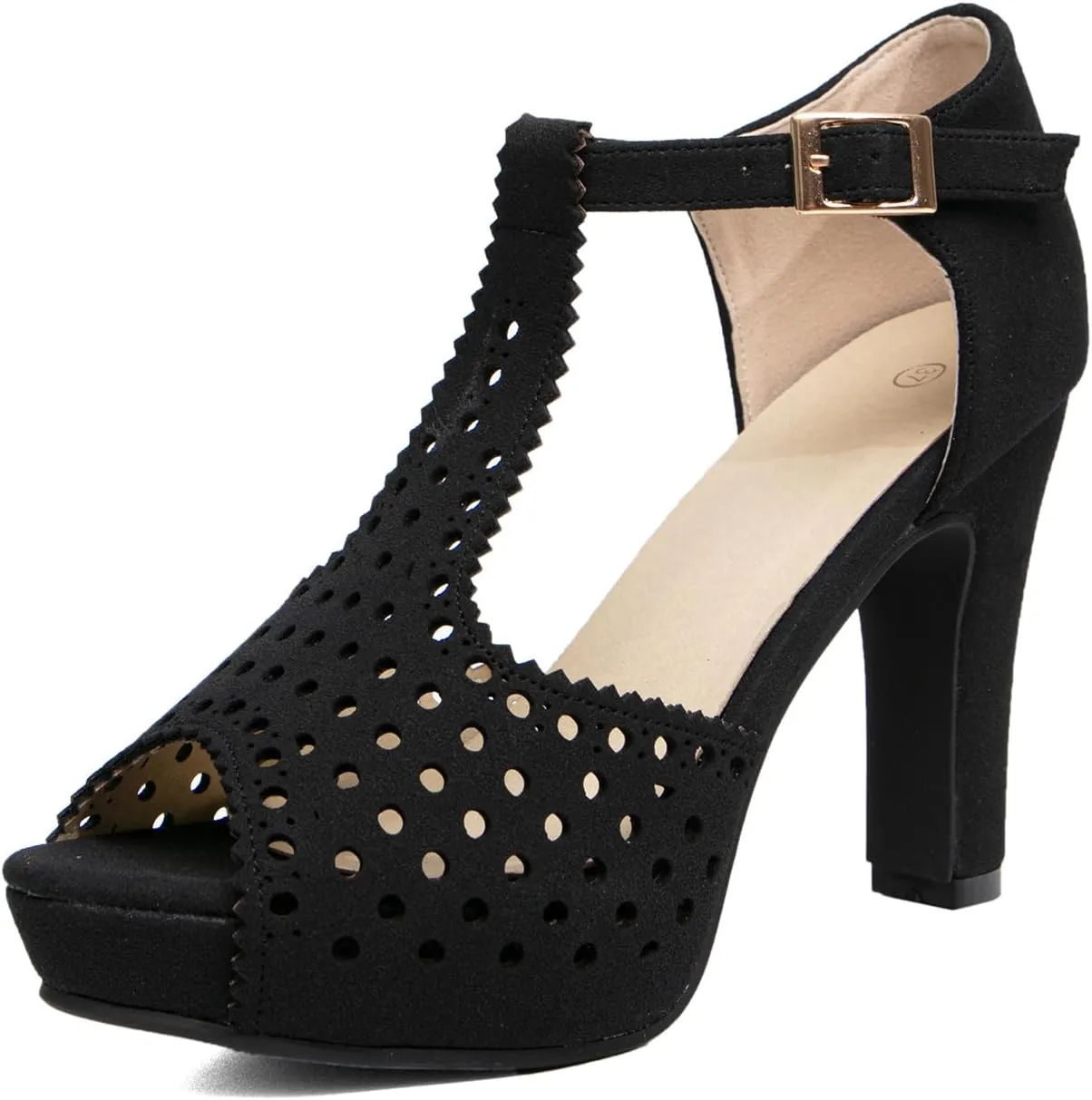 getmorebeauty Women's Vintage Heeled Sandals Suede Ankle T Straps Dress Block High Heel Sandals Women Shoes