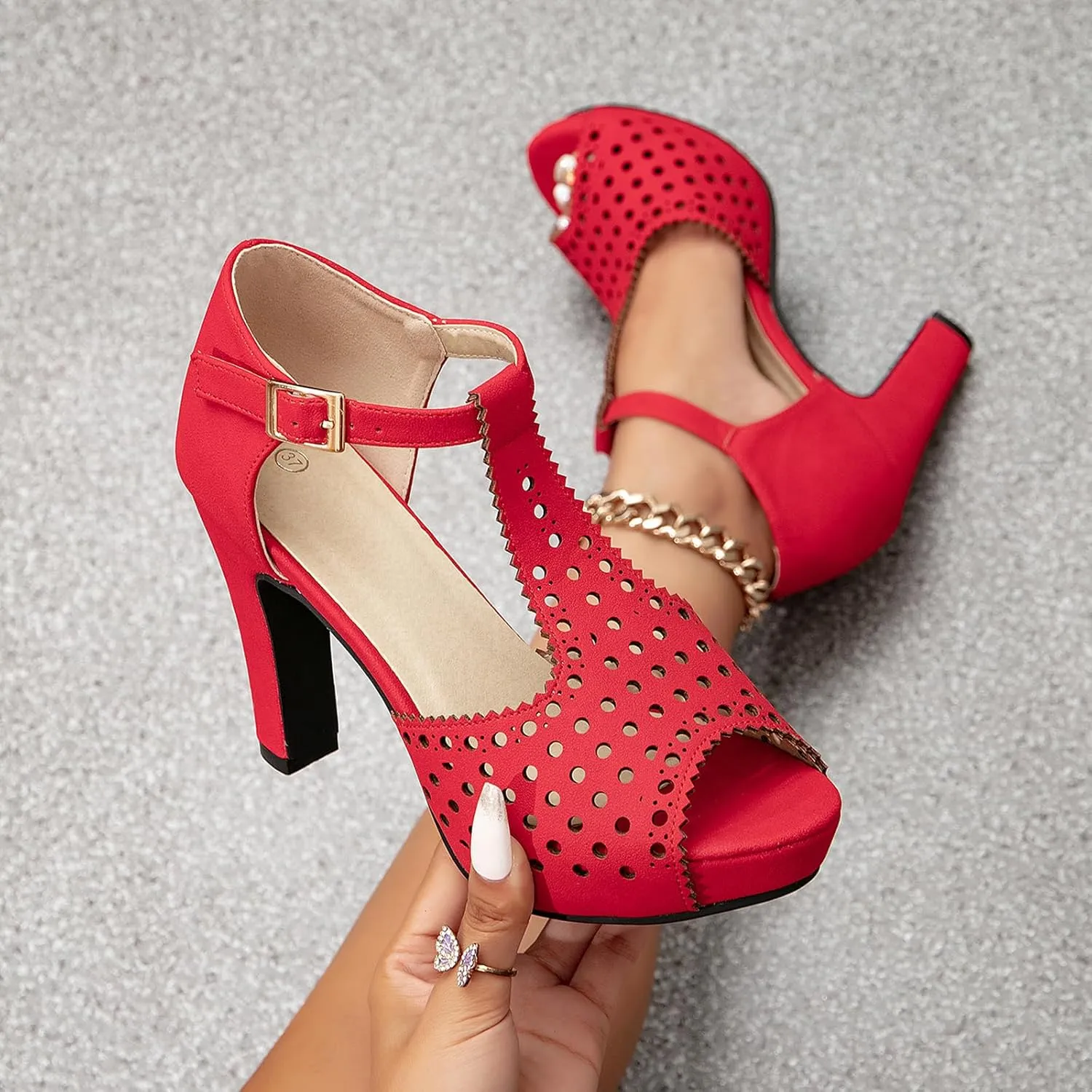 getmorebeauty Women's Vintage Heeled Sandals Suede Ankle T Straps Dress Block High Heel Sandals Women Shoes