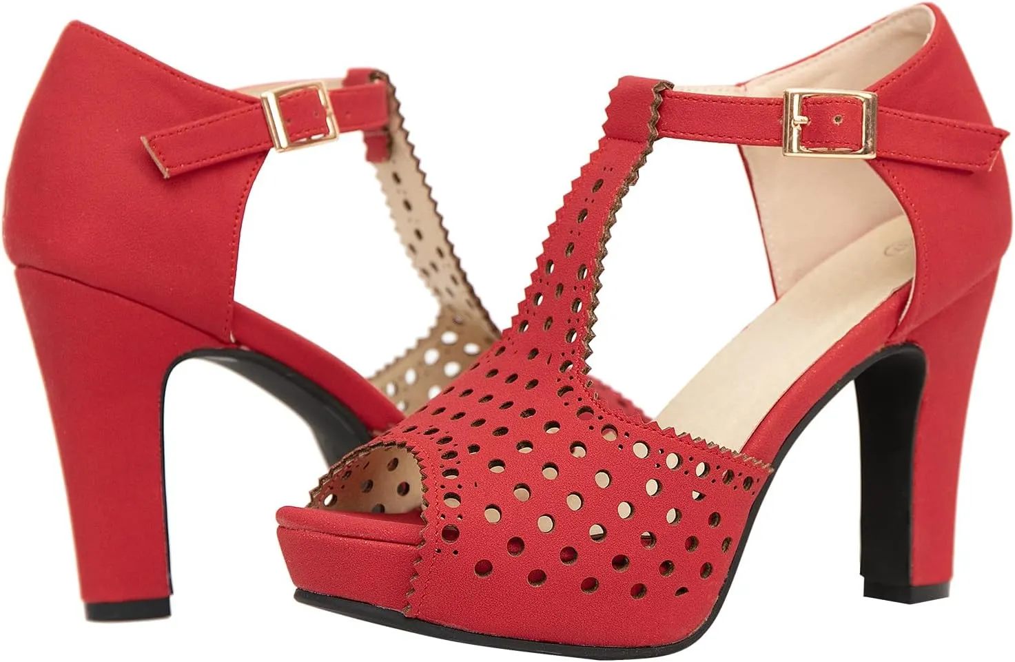 getmorebeauty Women's Vintage Heeled Sandals Suede Ankle T Straps Dress Block High Heel Sandals Women Shoes