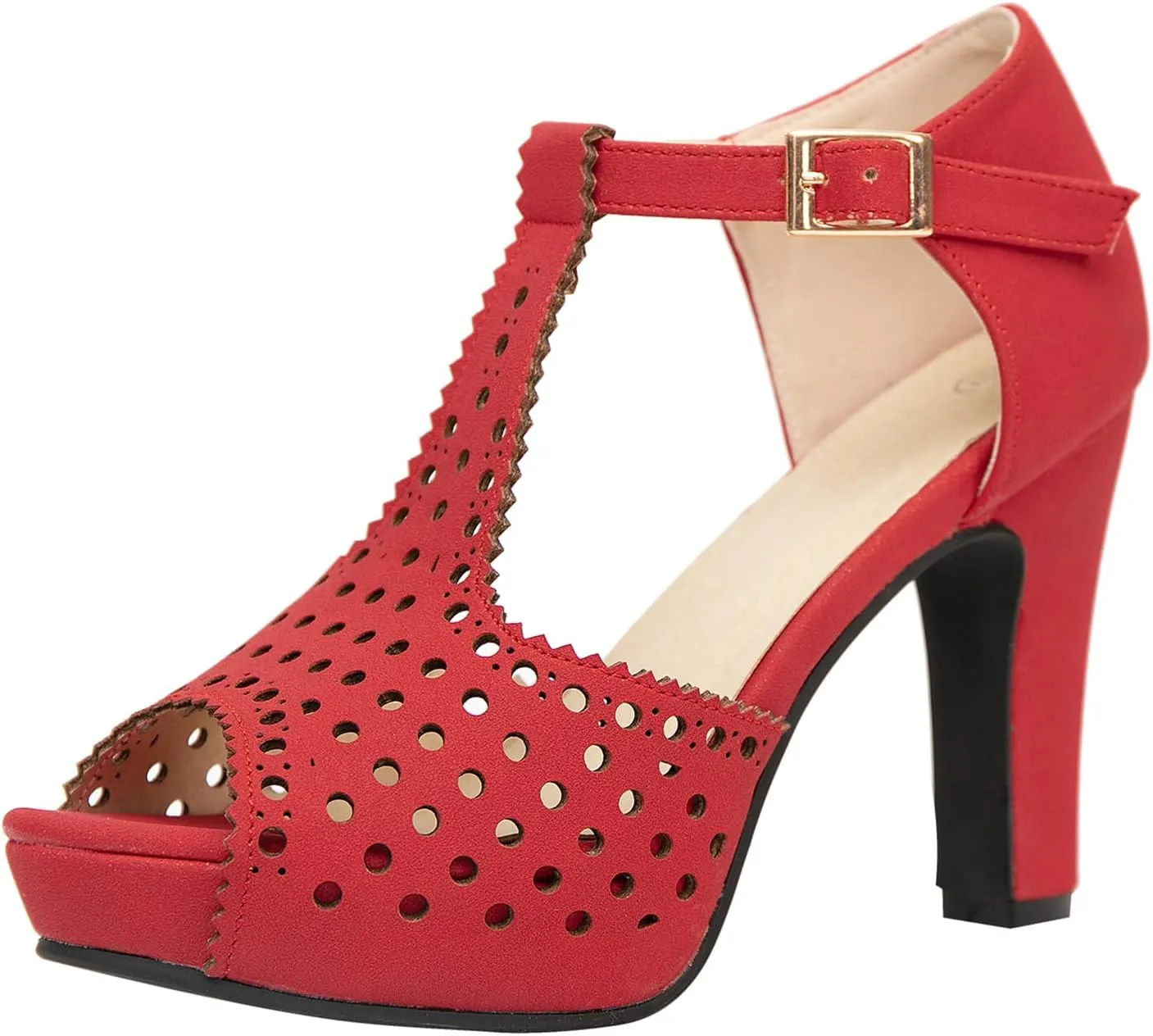 getmorebeauty Women's Vintage Heeled Sandals Suede Ankle T Straps Dress Block High Heel Sandals Women Shoes