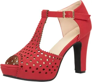 getmorebeauty Women's Vintage Heeled Sandals Suede Ankle T Straps Dress Block High Heel Sandals Women Shoes