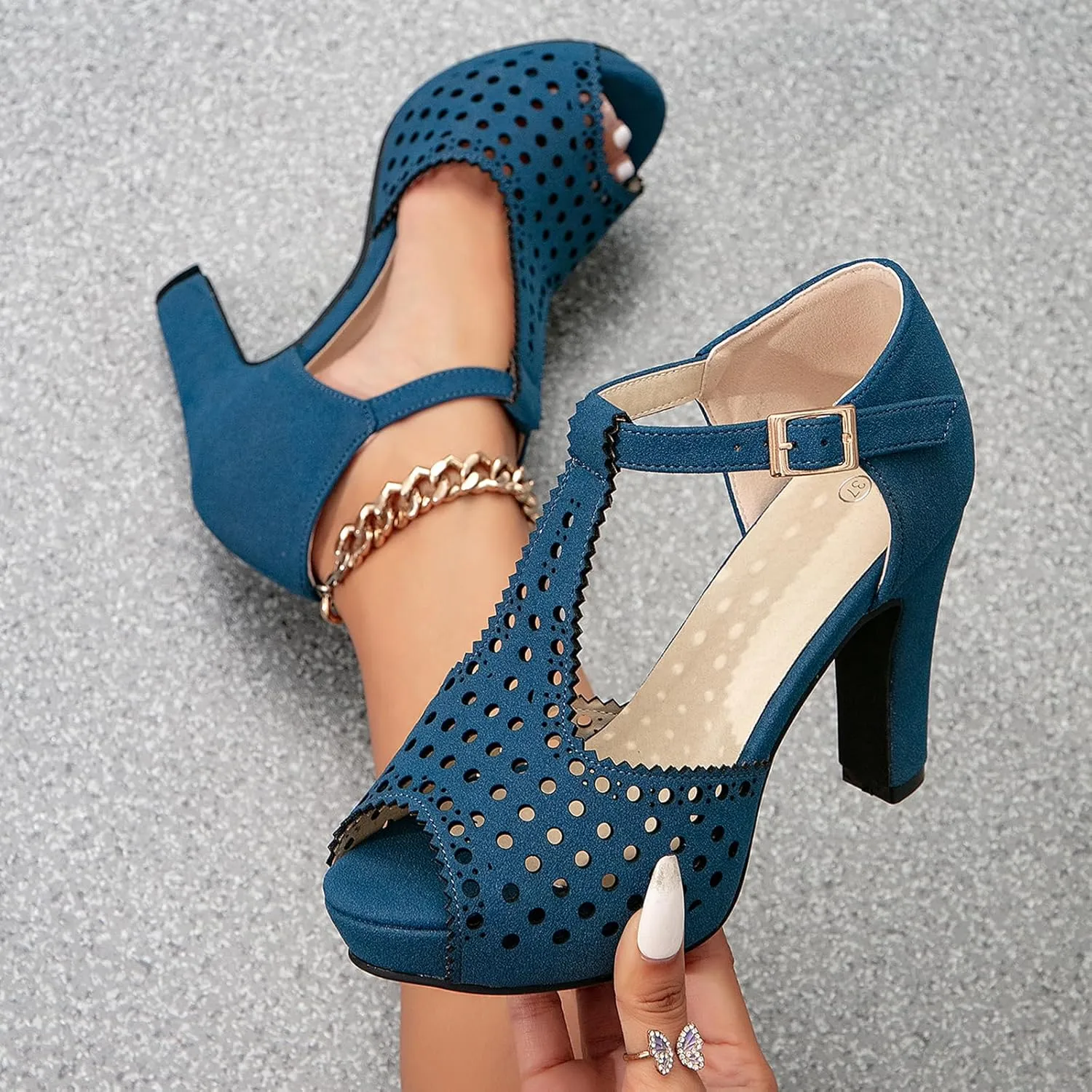 getmorebeauty Women's Vintage Heeled Sandals Suede Ankle T Straps Dress Block High Heel Sandals Women Shoes