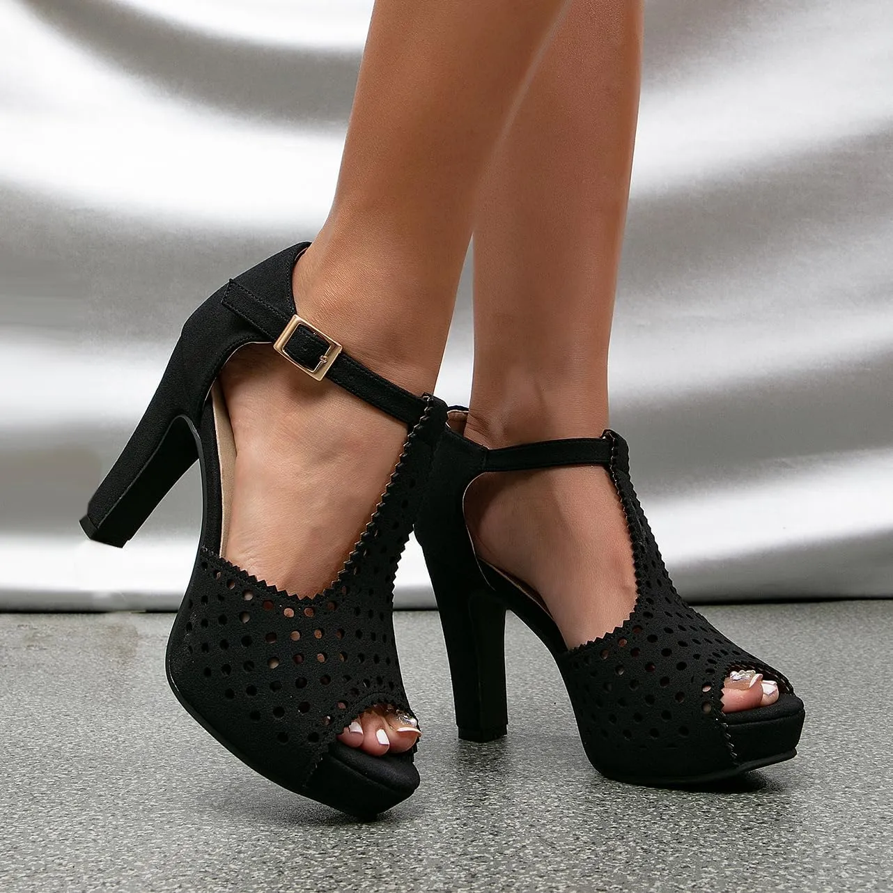 getmorebeauty Women's Vintage Heeled Sandals Suede Ankle T Straps Dress Block High Heel Sandals Women Shoes