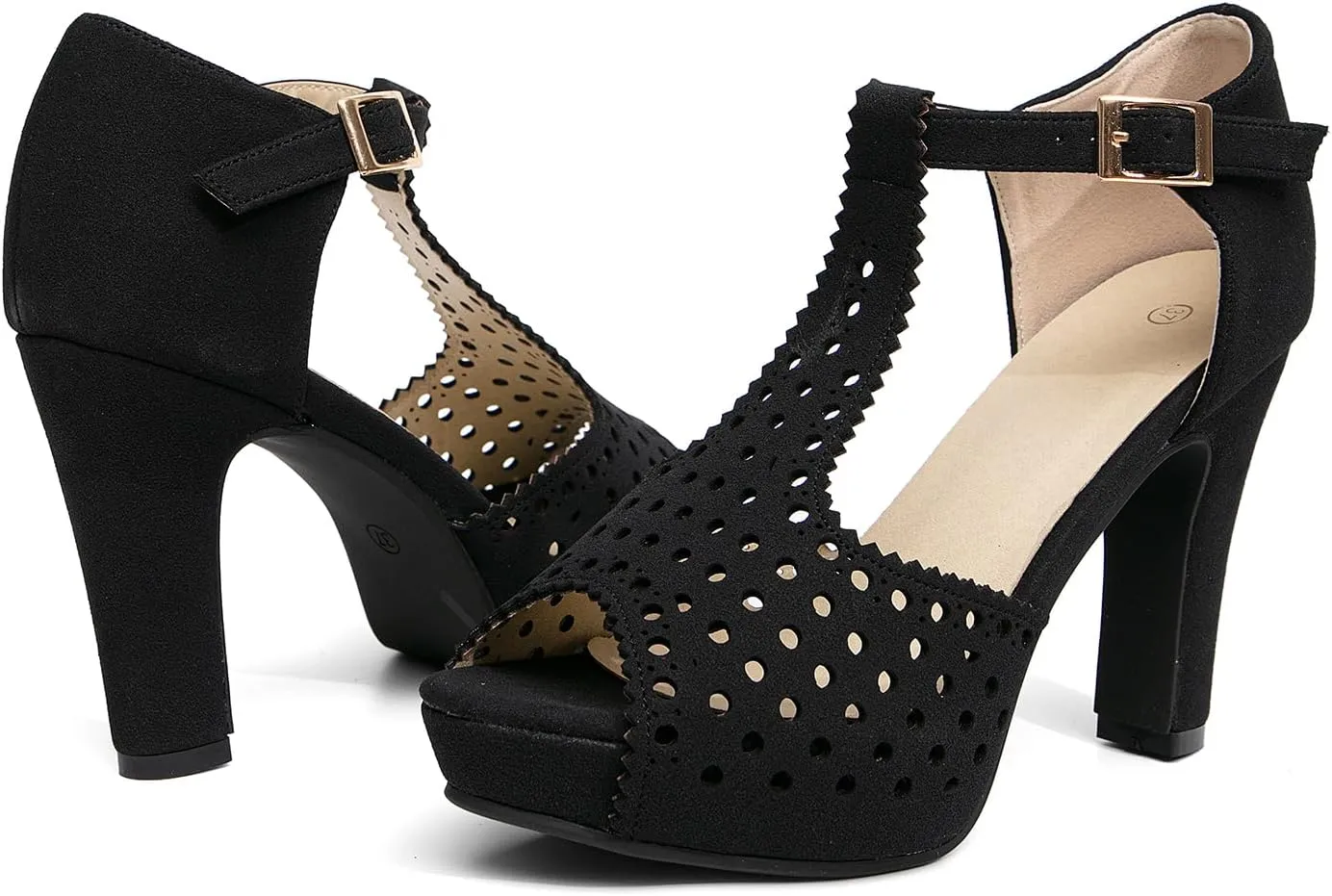 getmorebeauty Women's Vintage Heeled Sandals Suede Ankle T Straps Dress Block High Heel Sandals Women Shoes
