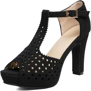 getmorebeauty Women's Vintage Heeled Sandals Suede Ankle T Straps Dress Block High Heel Sandals Women Shoes