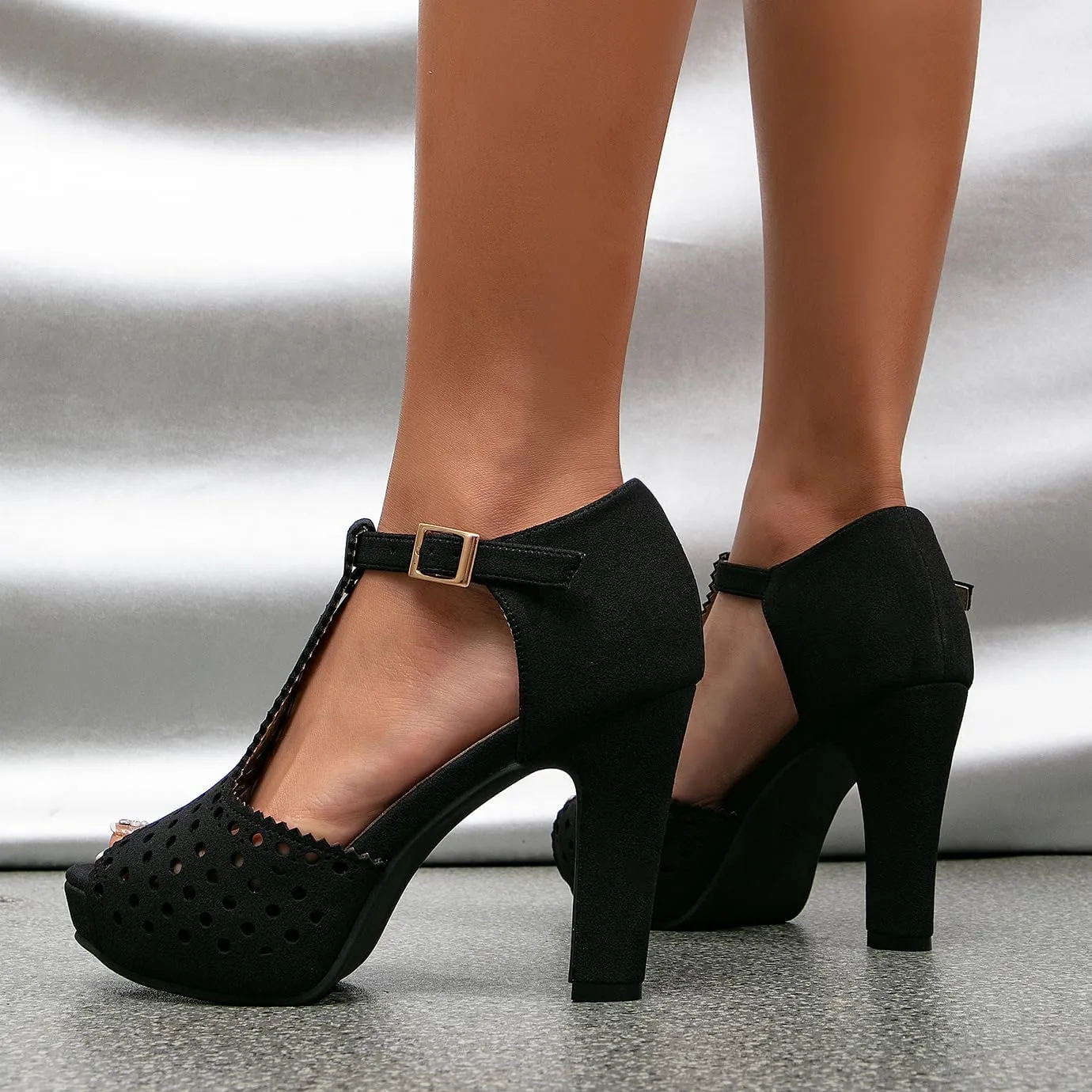 getmorebeauty Women's Vintage Heeled Sandals Suede Ankle T Straps Dress Block High Heel Sandals Women Shoes