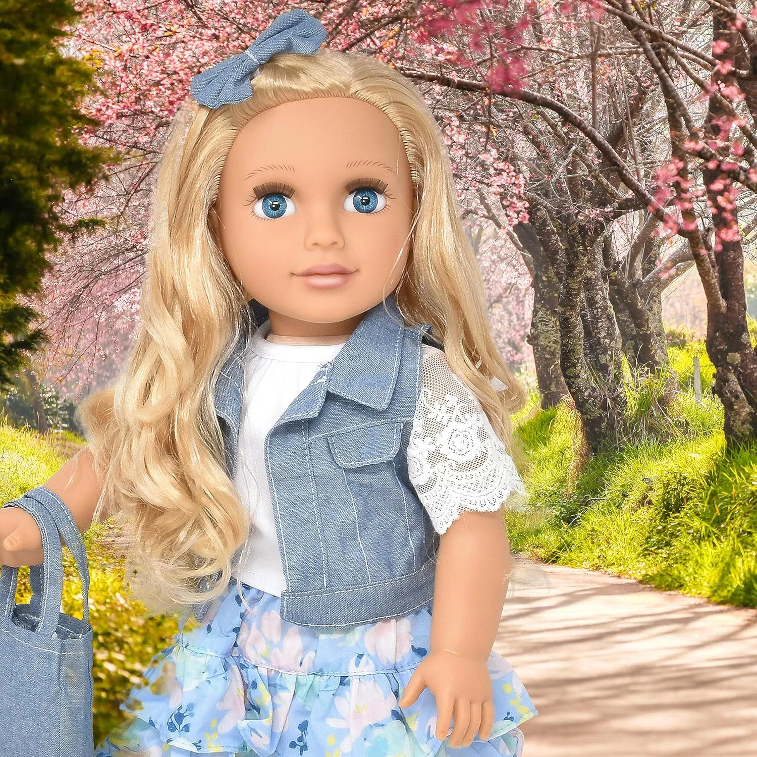 Gift Boutique 18 Inch Girl Doll, Fashion Doll with Fine Blond Long Hair, Blue Eyes, Floral Outfit, Denim Jacket, Sandals, Boots, Hair Bow, Handbag