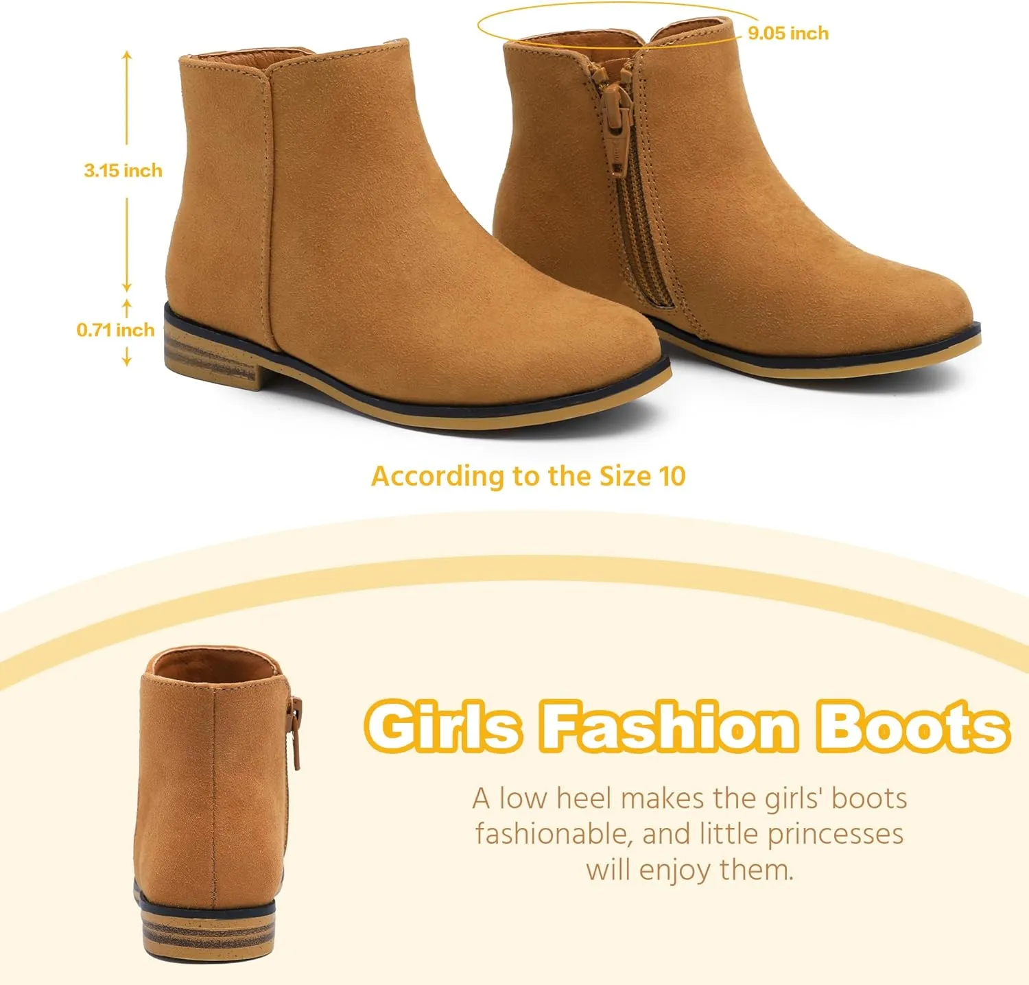 Girls Ankle Boots for Kids - Side Zipper Booties, Fashion Short Suede Low Heels