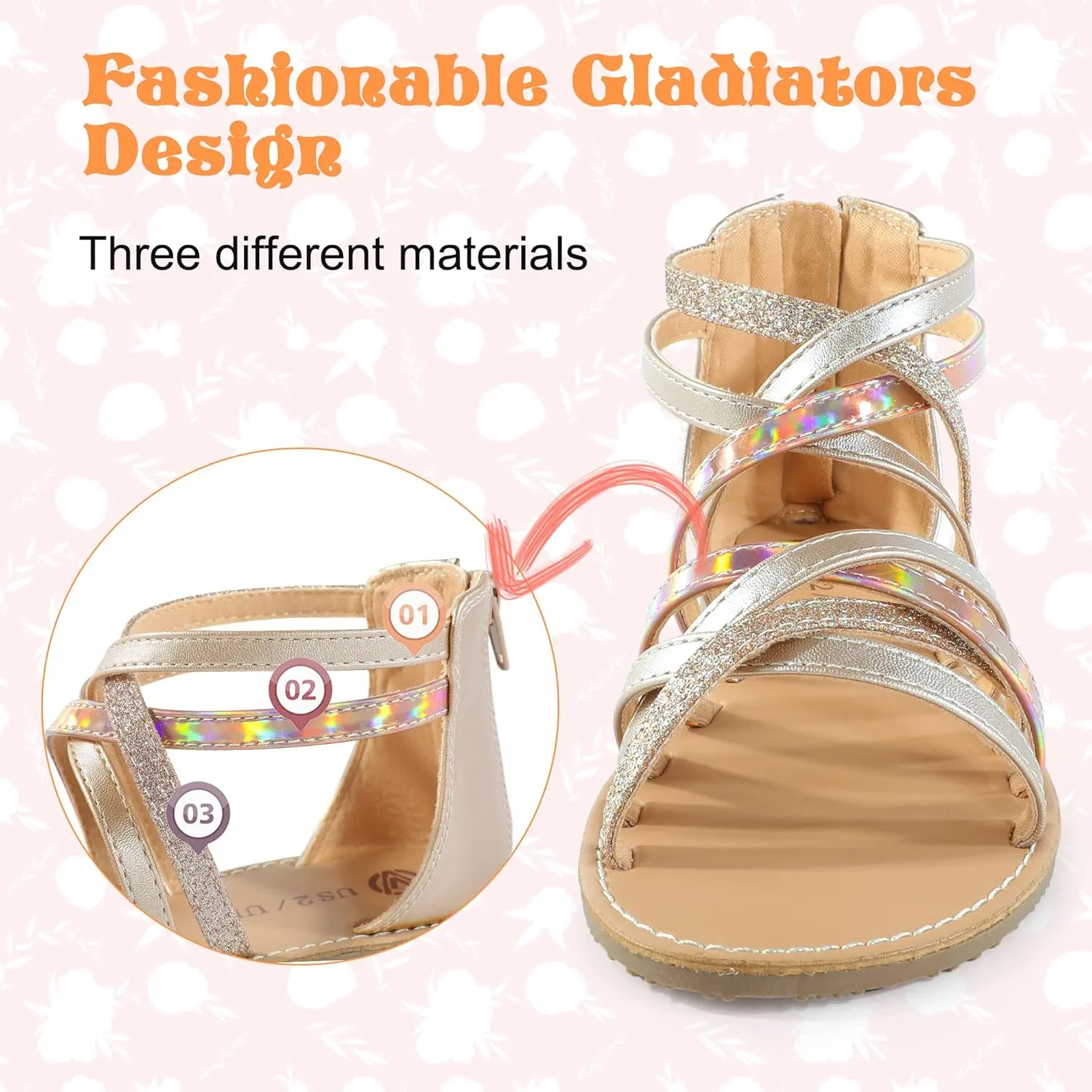 Girls Gladiator Sandals Open Toe Breathable Summer Sandals with Heel Zipper (Little Kid/Big Kid)
