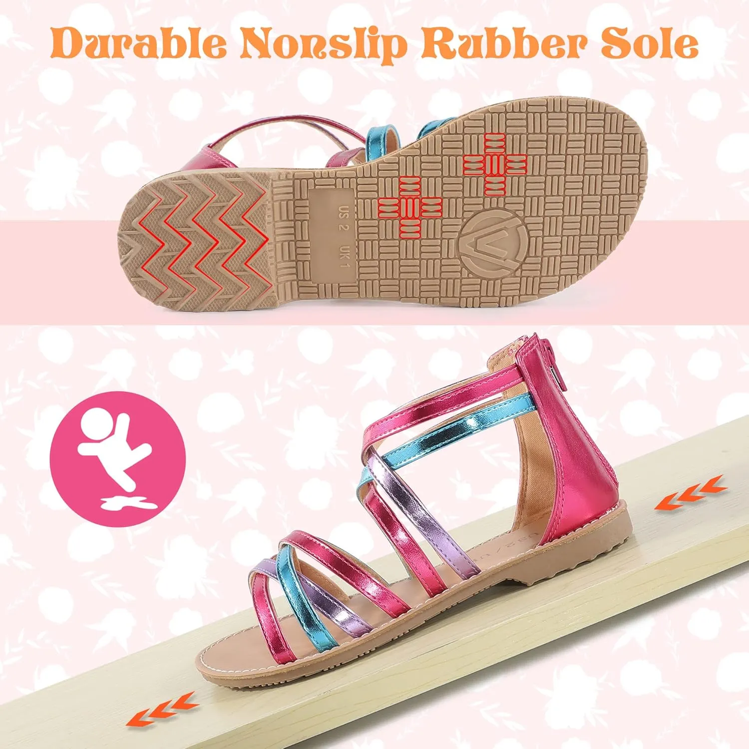Girls Gladiator Sandals Open Toe Breathable Summer Sandals with Heel Zipper (Little Kid/Big Kid)