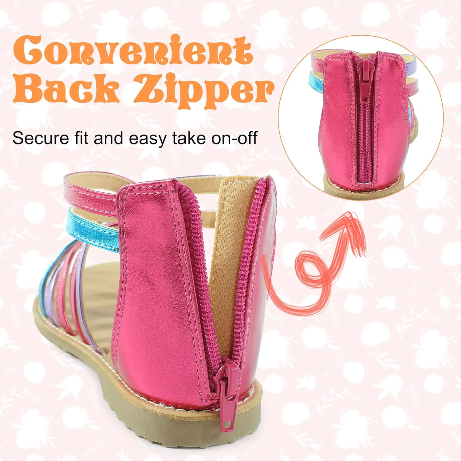 Girls Gladiator Sandals Open Toe Breathable Summer Sandals with Heel Zipper (Little Kid/Big Kid)