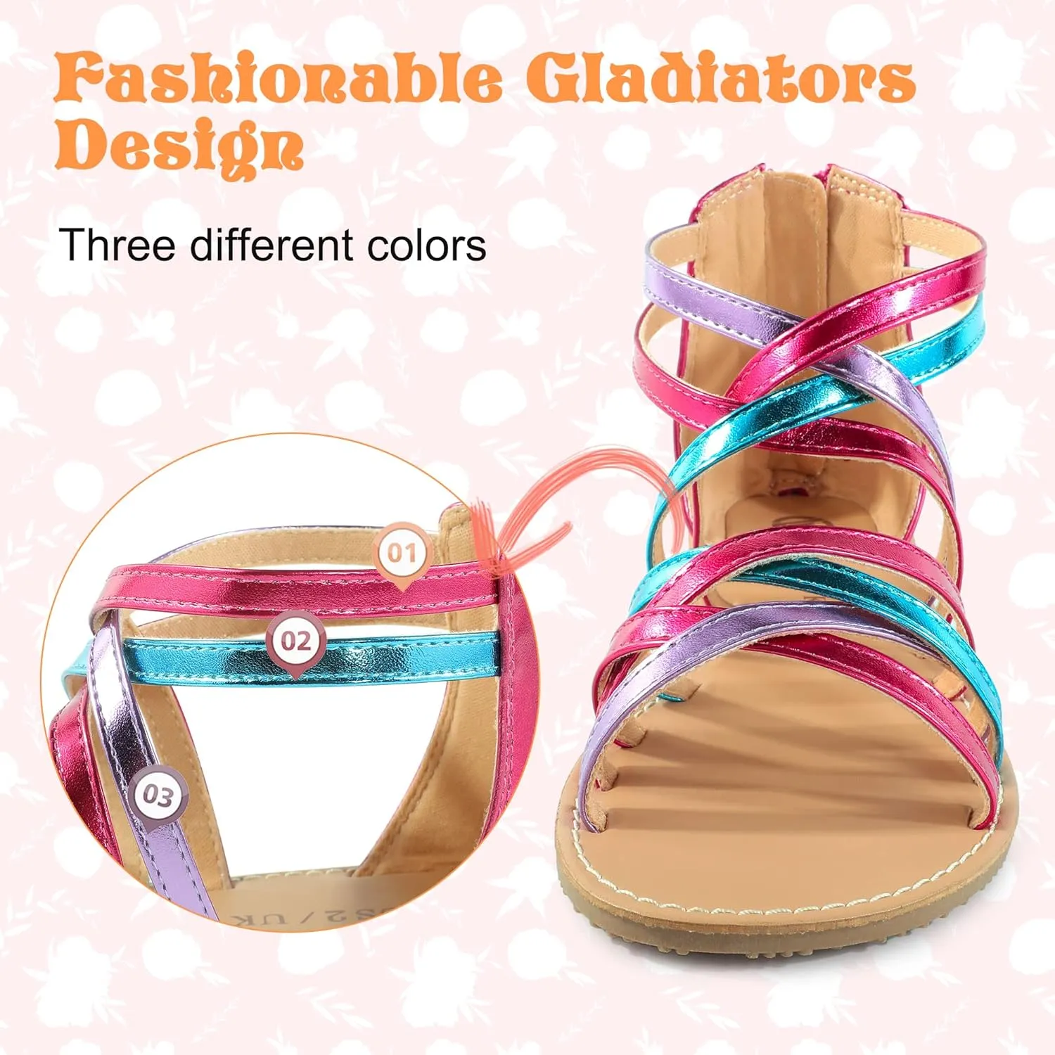 Girls Gladiator Sandals Open Toe Breathable Summer Sandals with Heel Zipper (Little Kid/Big Kid)