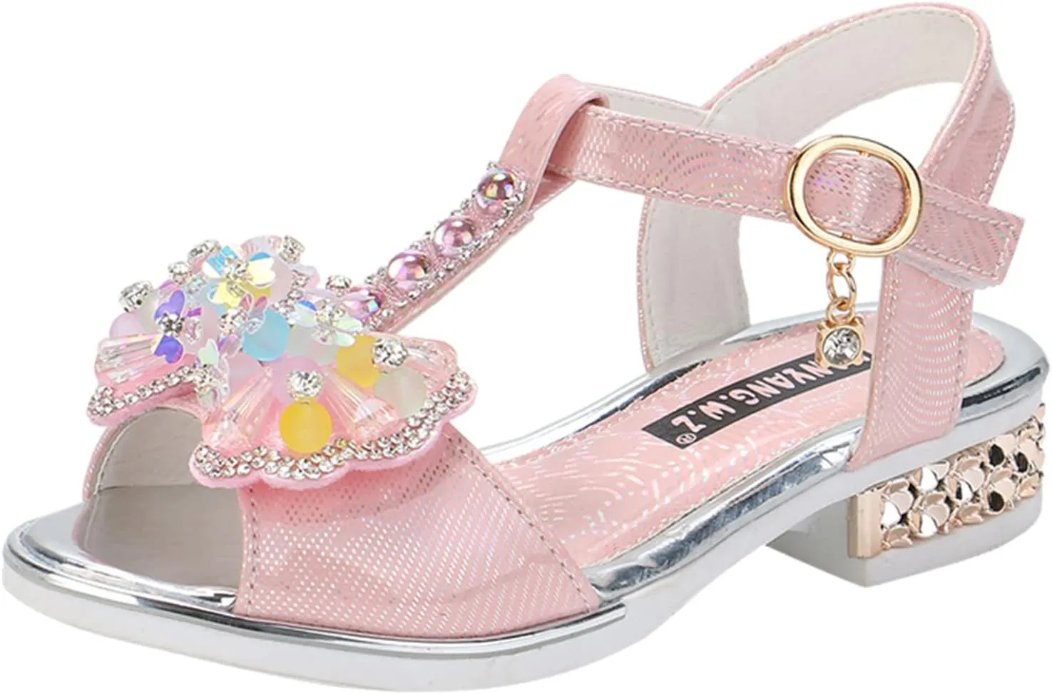 Girls Glitter Rhinestone Sandals Open Toe T-Strap Low-Heel Princess Party Shoes Sequins Wedding Pumps Dress Shoes
