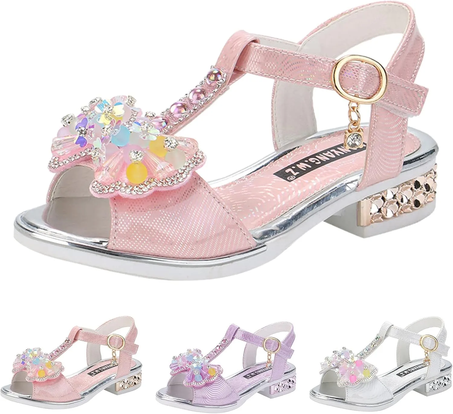 Girls Glitter Rhinestone Sandals Open Toe T-Strap Low-Heel Princess Party Shoes Sequins Wedding Pumps Dress Shoes