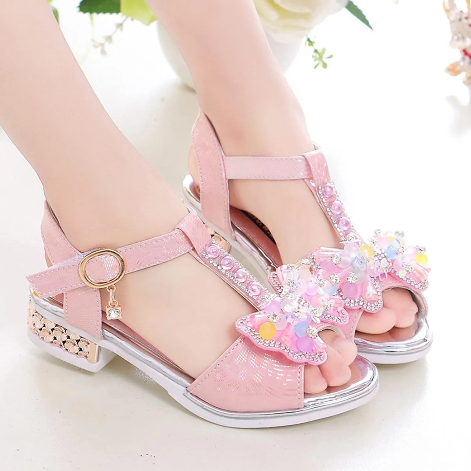 Girls Glitter Rhinestone Sandals Open Toe T-Strap Low-Heel Princess Party Shoes Sequins Wedding Pumps Dress Shoes