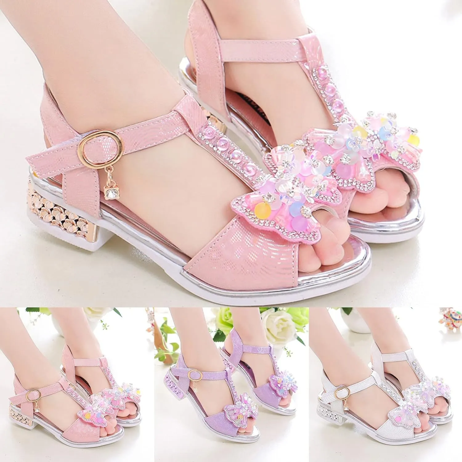 Girls Glitter Rhinestone Sandals Open Toe T-Strap Low-Heel Princess Party Shoes Sequins Wedding Pumps Dress Shoes