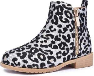 Girls Low Heel Side Zipper Glitter Ankle Boots Short Booties Winter Snow Boots Anti-Slip (Toddler/Little Kid/Big Kids)