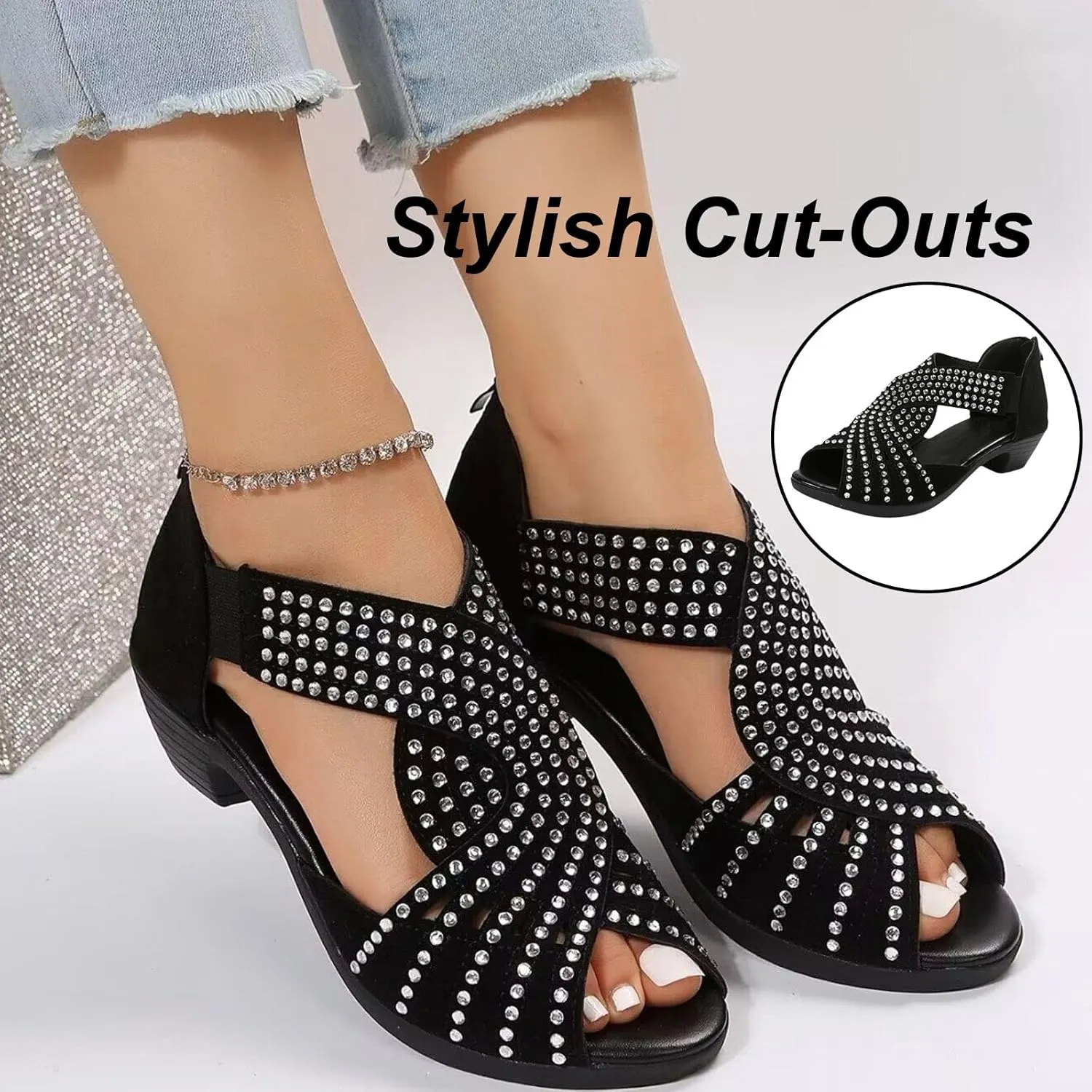 Glowstep Orthopedic Low Heel Cut-Out Sandals, Orthopedic Sandals for Women, Low Heel Cut-Out, Wide Width sandals for women Dressy Wedge