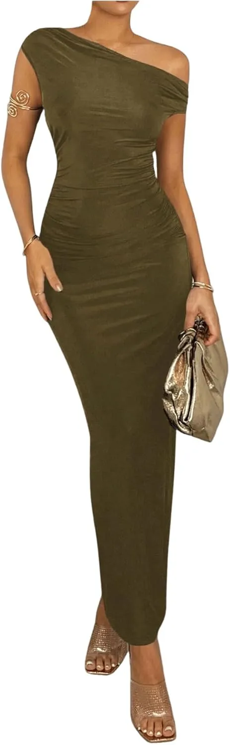 GORGLITTER Women's Asymmetrical Neck Ruched Bodycon Dress Slim One Shoulder Long Maxi Dresses