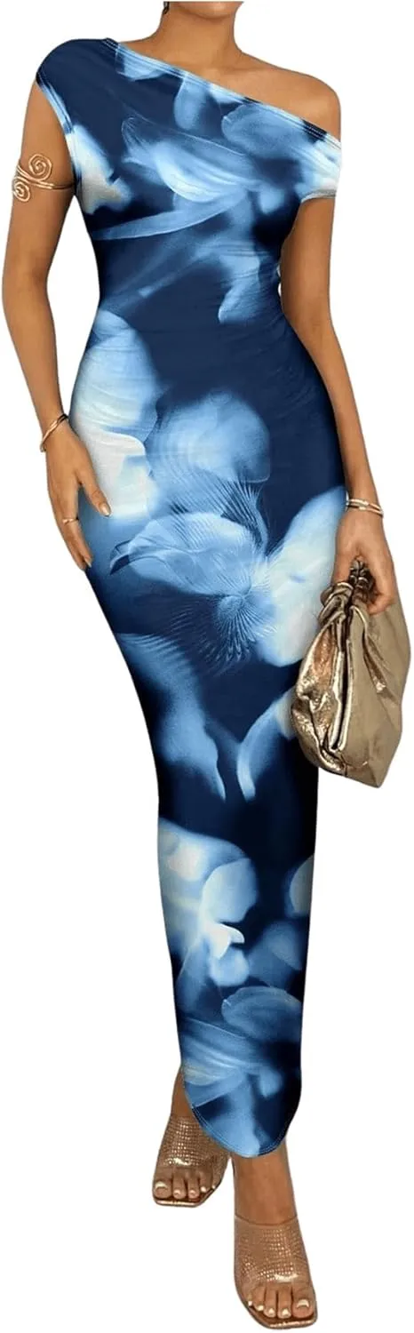 GORGLITTER Women's Asymmetrical Neck Ruched Bodycon Dress Slim One Shoulder Long Maxi Dresses