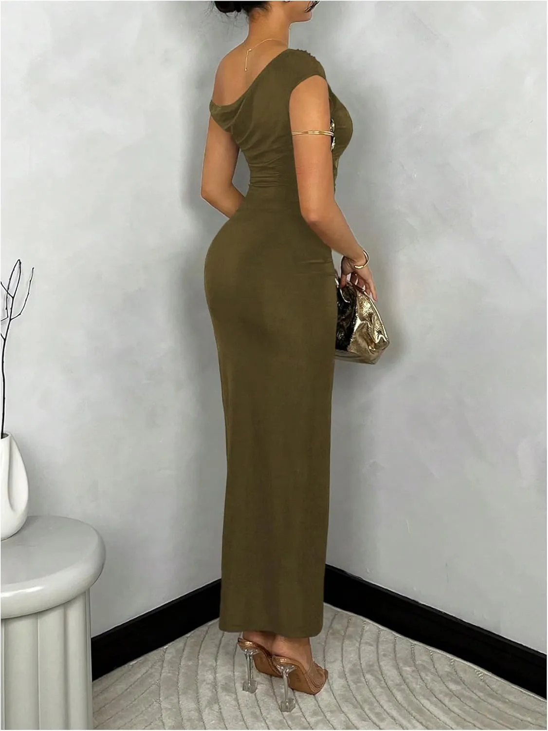GORGLITTER Women's Asymmetrical Neck Ruched Bodycon Dress Slim One Shoulder Long Maxi Dresses