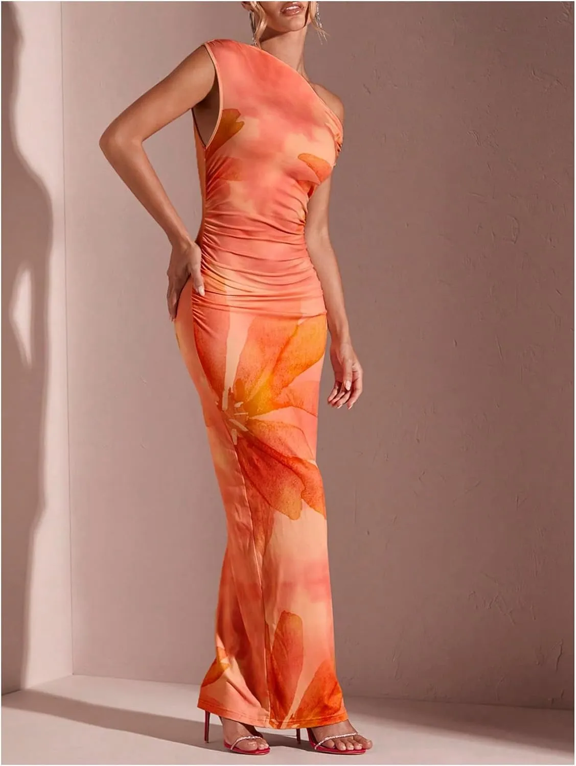 GORGLITTER Women's Asymmetrical Neck Ruched Bodycon Dress Slim One Shoulder Long Maxi Dresses