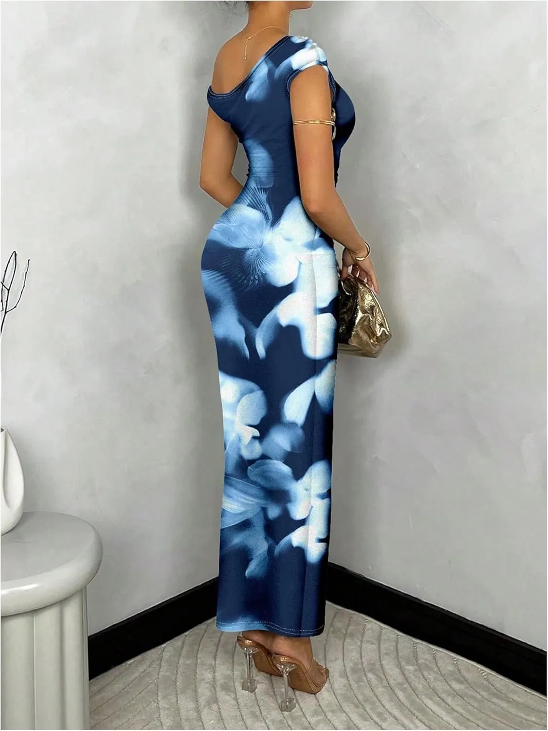 GORGLITTER Women's Asymmetrical Neck Ruched Bodycon Dress Slim One Shoulder Long Maxi Dresses