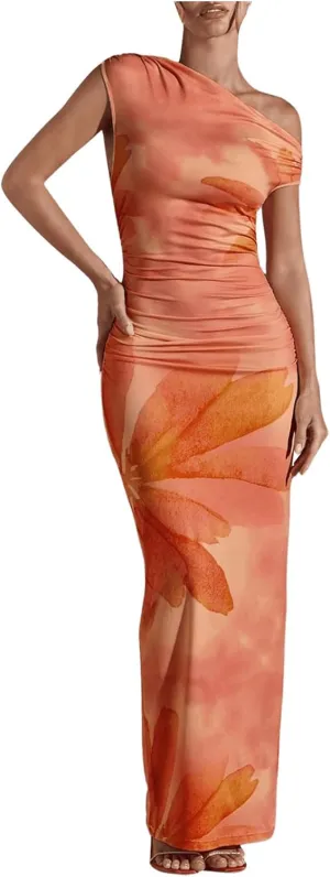 GORGLITTER Women's Asymmetrical Neck Ruched Bodycon Dress Slim One Shoulder Long Maxi Dresses