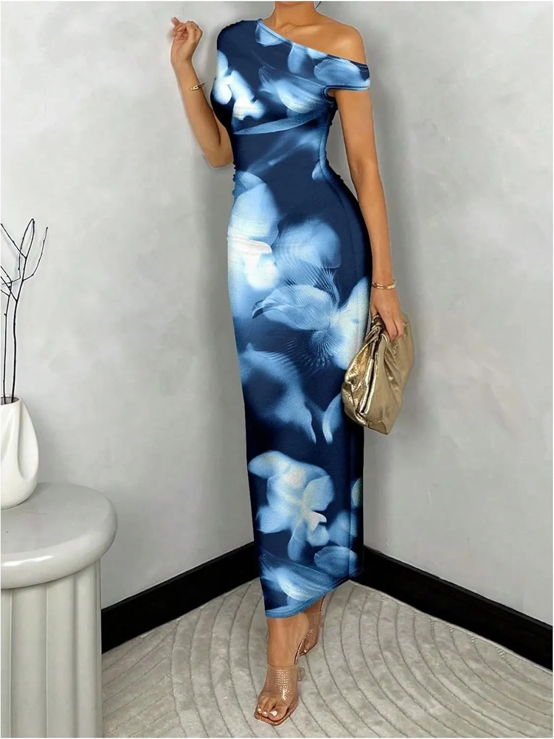GORGLITTER Women's Asymmetrical Neck Ruched Bodycon Dress Slim One Shoulder Long Maxi Dresses