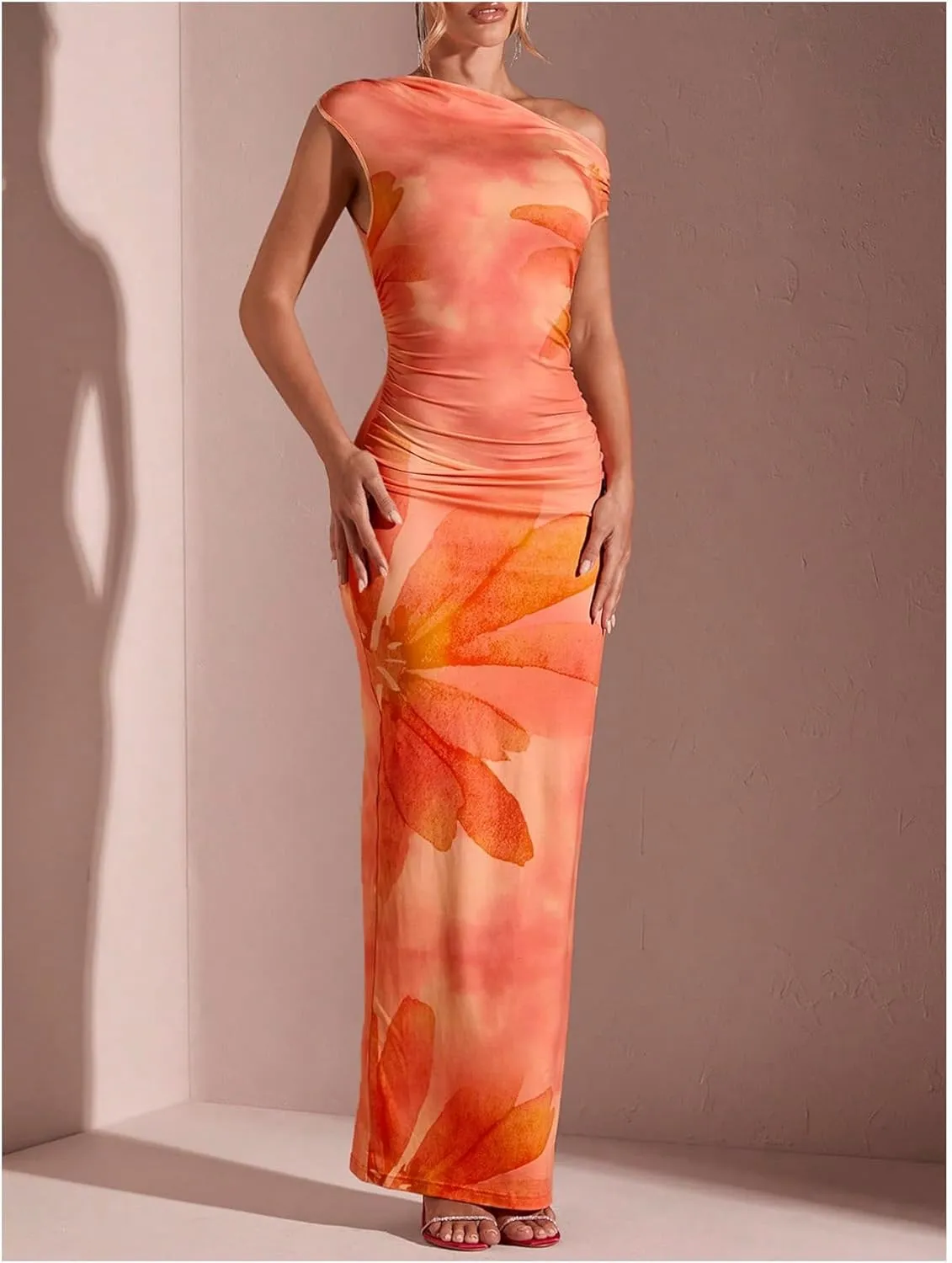 GORGLITTER Women's Asymmetrical Neck Ruched Bodycon Dress Slim One Shoulder Long Maxi Dresses