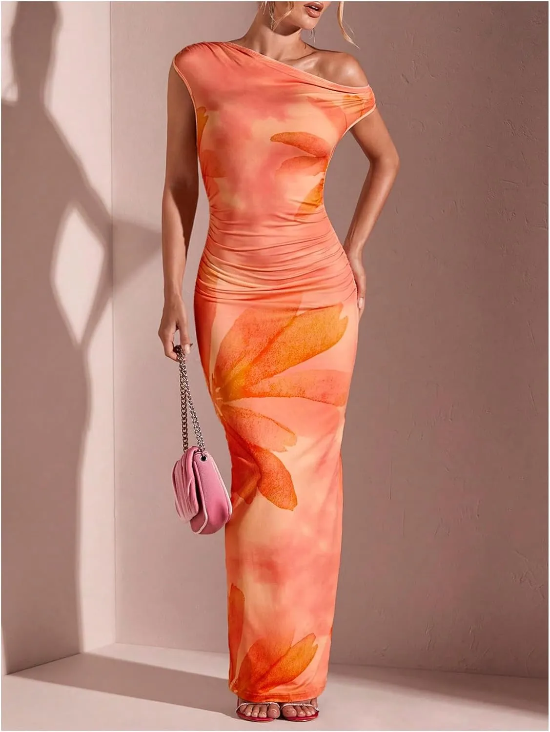 GORGLITTER Women's Asymmetrical Neck Ruched Bodycon Dress Slim One Shoulder Long Maxi Dresses