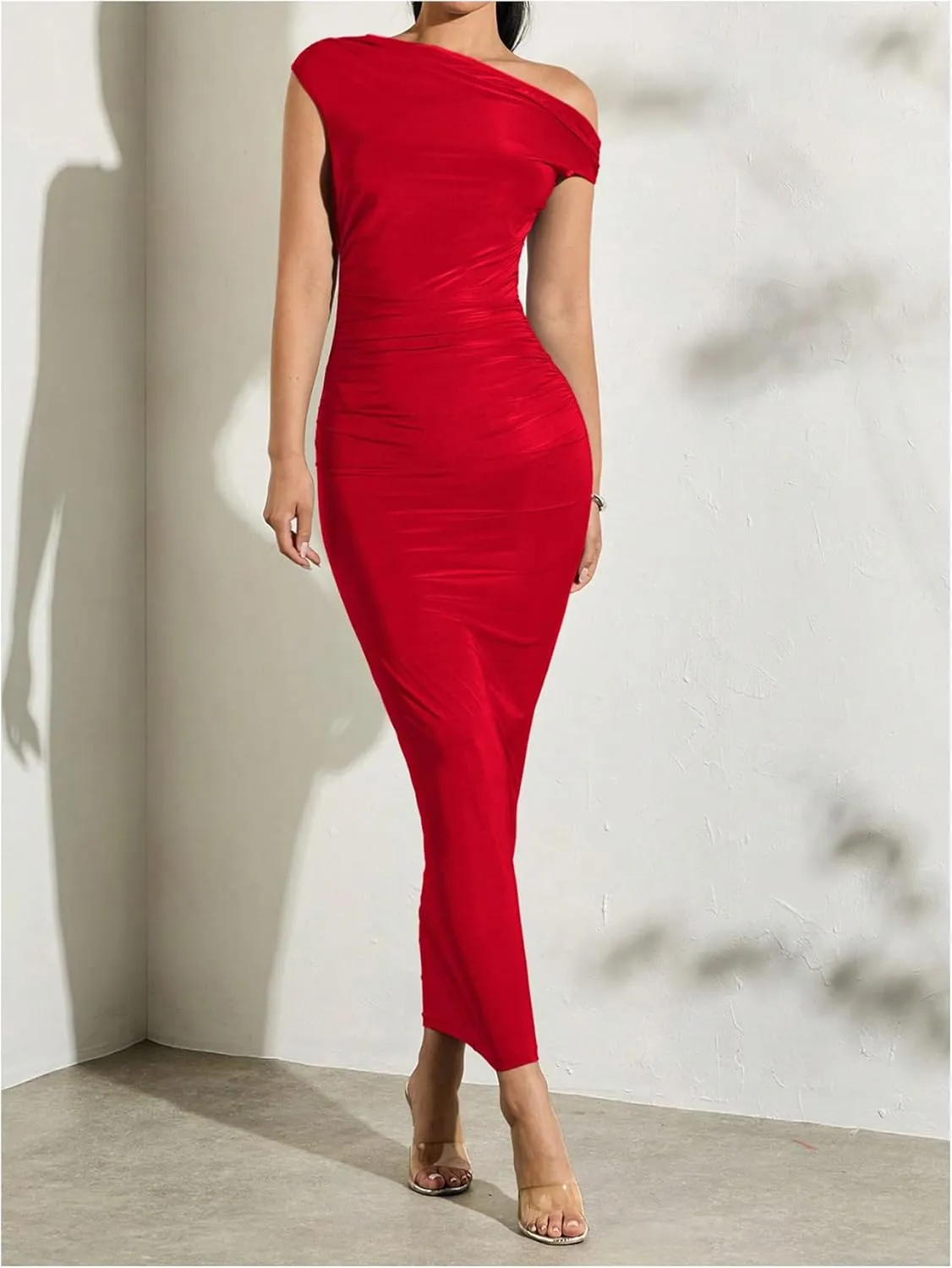 GORGLITTER Women's Asymmetrical Neck Ruched Bodycon Dress Slim One Shoulder Long Maxi Dresses