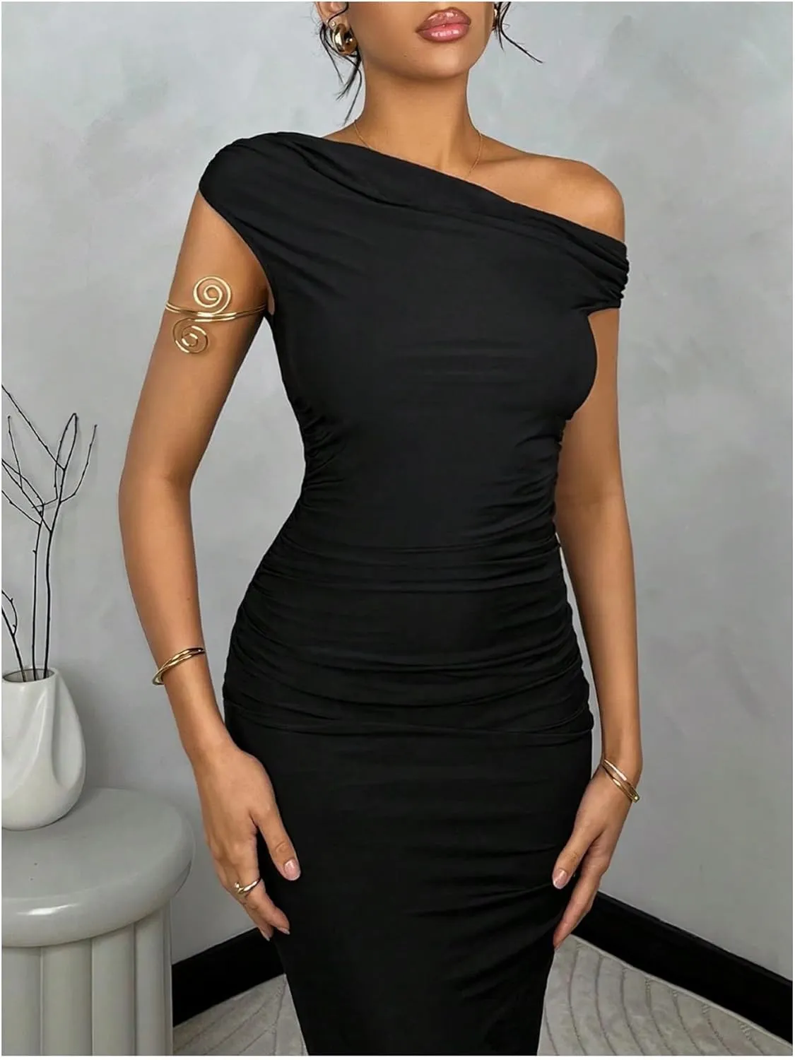 GORGLITTER Women's Asymmetrical Neck Ruched Bodycon Dress Slim One Shoulder Long Maxi Dresses