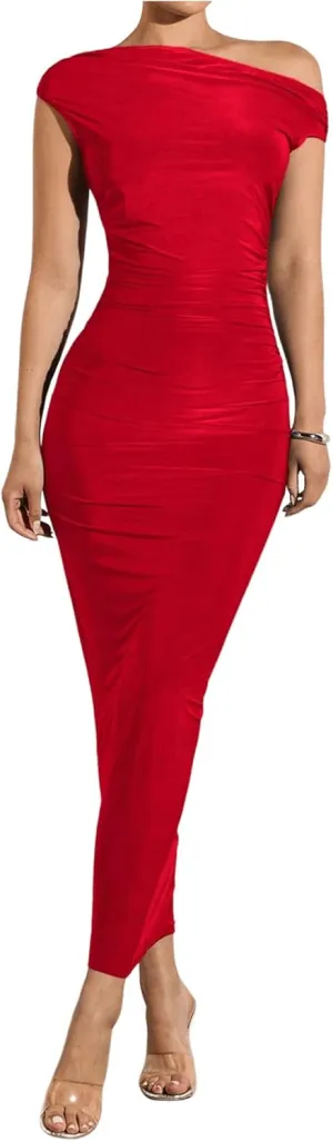 GORGLITTER Women's Asymmetrical Neck Ruched Bodycon Dress Slim One Shoulder Long Maxi Dresses