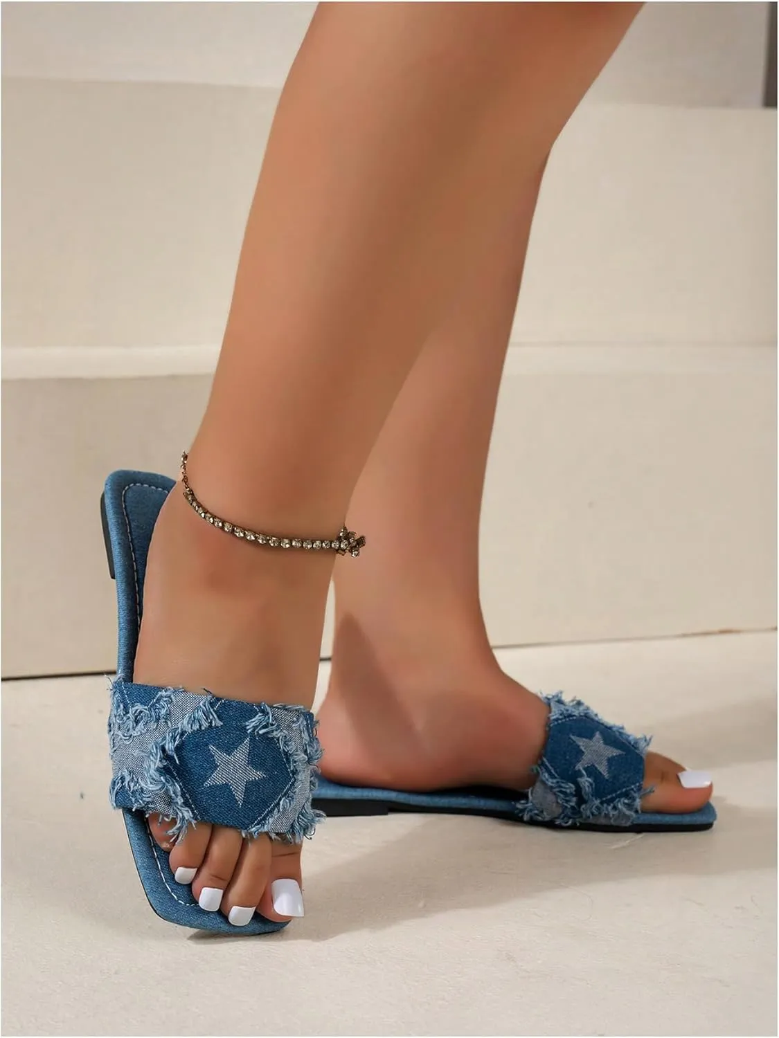 GORGLITTER Women's Denim Sandals Square Toe Cute Dressy Y2k Slip On Slides Jean Shoes