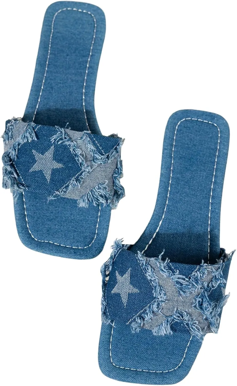 GORGLITTER Women's Denim Sandals Square Toe Cute Dressy Y2k Slip On Slides Jean Shoes
