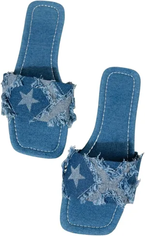 GORGLITTER Women's Denim Sandals Square Toe Cute Dressy Y2k Slip On Slides Jean Shoes