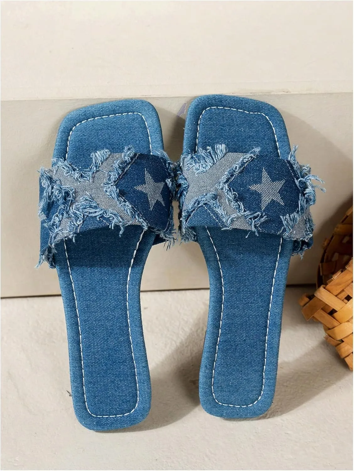 GORGLITTER Women's Denim Sandals Square Toe Cute Dressy Y2k Slip On Slides Jean Shoes