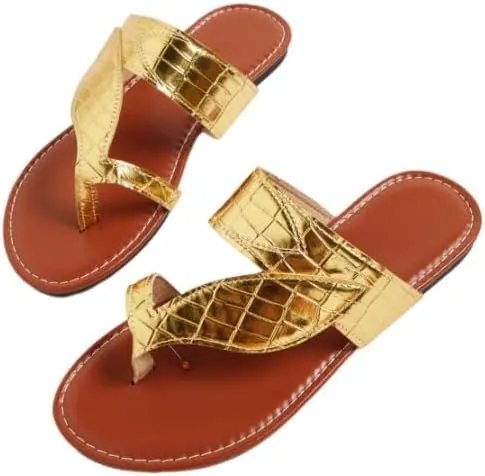 GORGLITTER Women's Metallic Toe Ring Flat Sandals Open Toe Thong Slide Sandals Vacation Beach Flip Flops