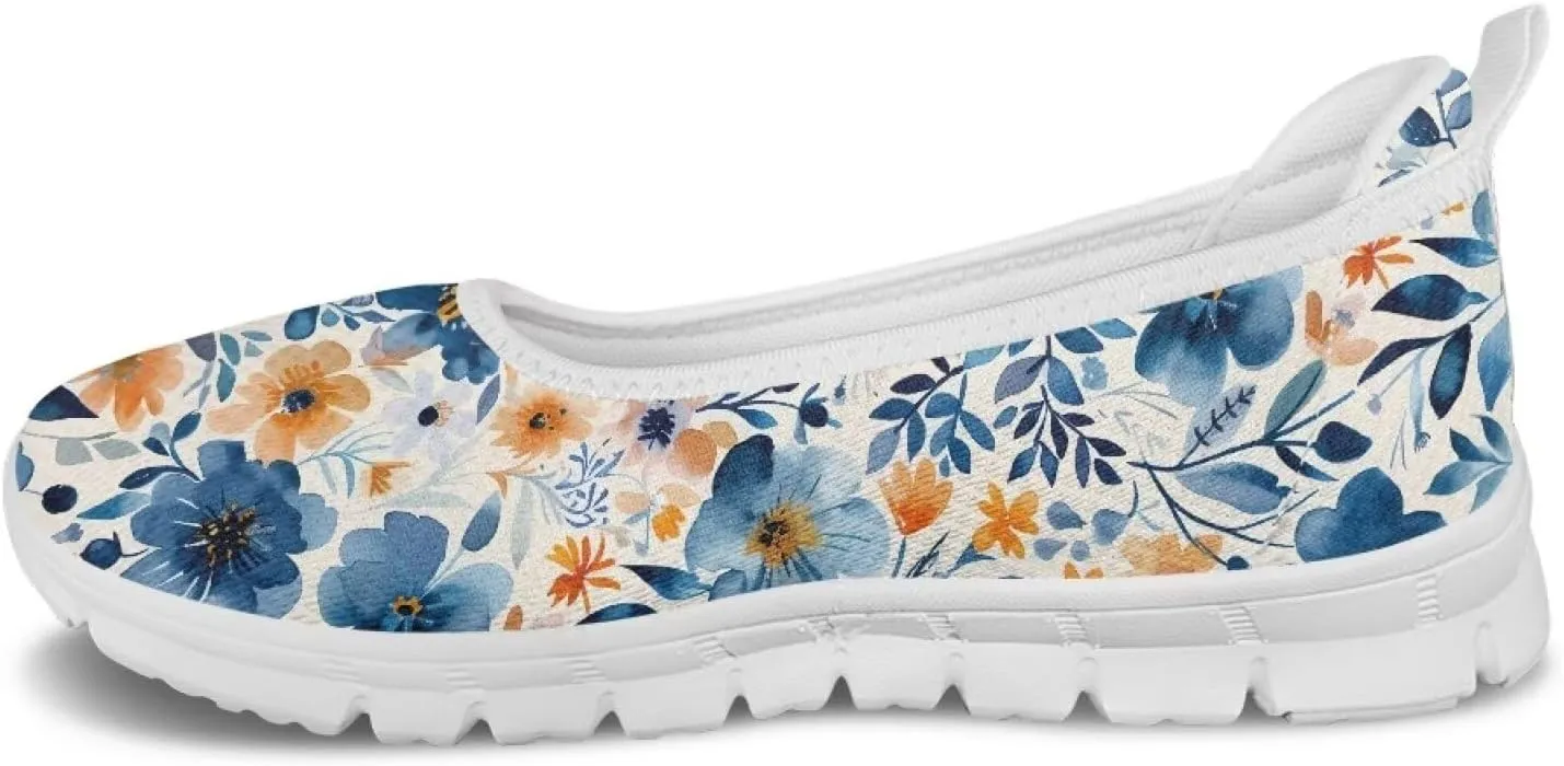 GOSTONG Women's Flowers Print Flats Mesh Shoes Slip On Round Toe Casual Loafers Lightweight Comfort Walking Travel Shoes White Sole Size 6-11