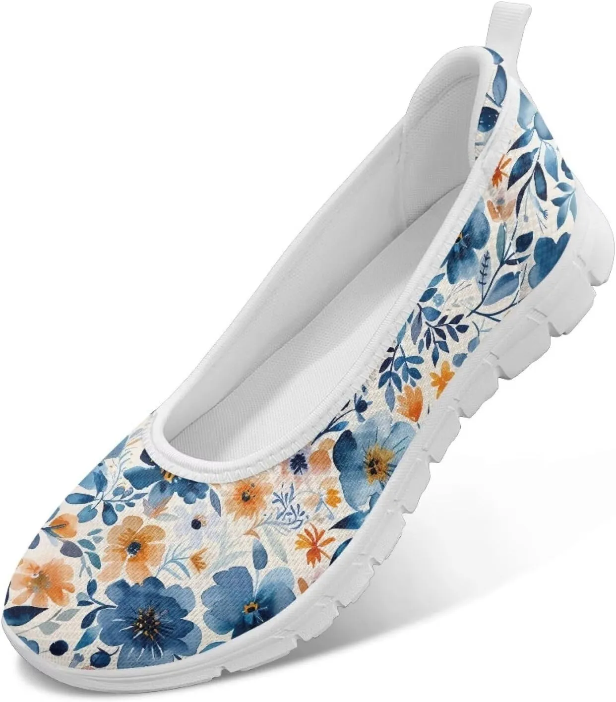 GOSTONG Women's Flowers Print Flats Mesh Shoes Slip On Round Toe Casual Loafers Lightweight Comfort Walking Travel Shoes White Sole Size 6-11