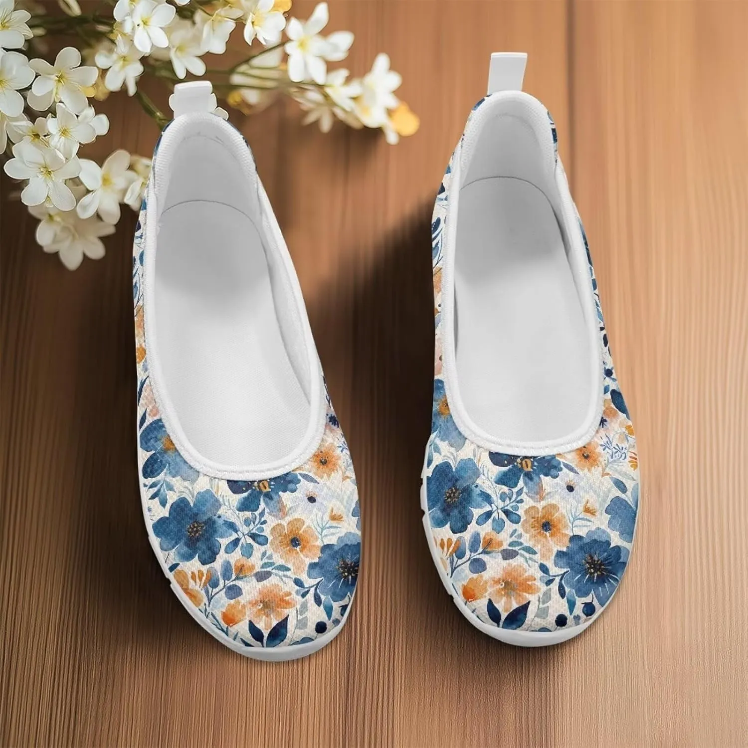 GOSTONG Women's Flowers Print Flats Mesh Shoes Slip On Round Toe Casual Loafers Lightweight Comfort Walking Travel Shoes White Sole Size 6-11