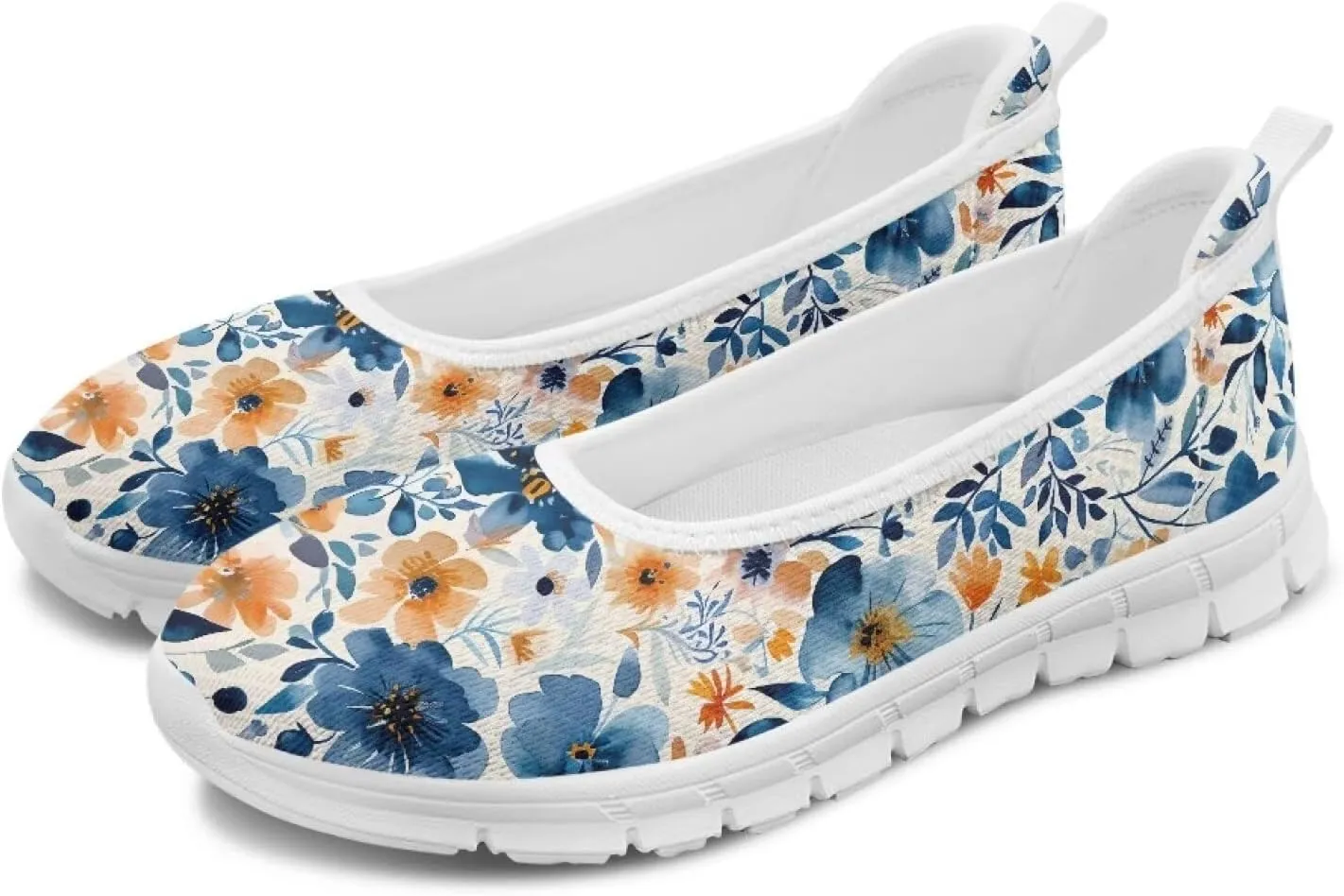 GOSTONG Women's Flowers Print Flats Mesh Shoes Slip On Round Toe Casual Loafers Lightweight Comfort Walking Travel Shoes White Sole Size 6-11