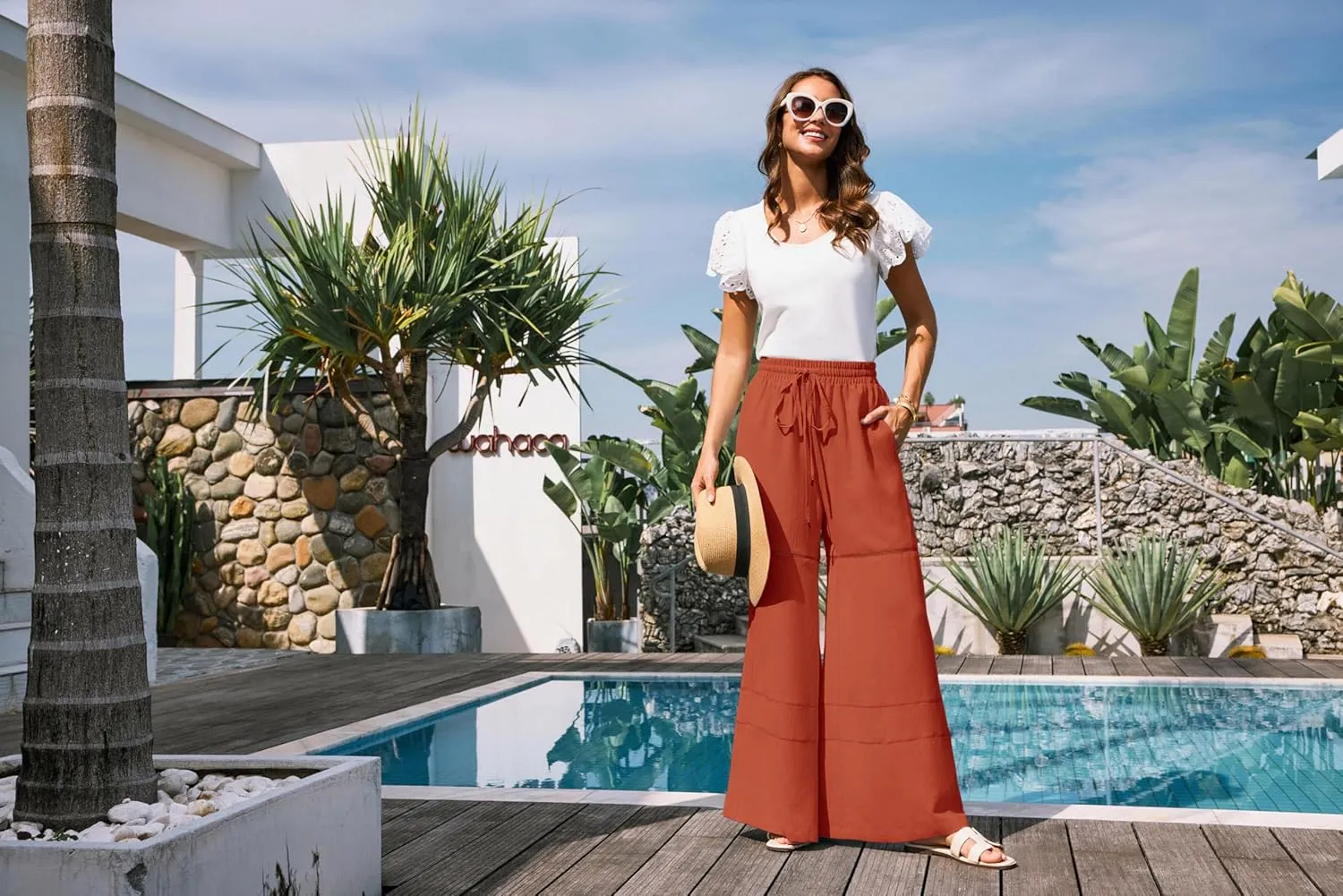 GRACE KARIN Women's Summer Palazzo Pants Vacation Outfits High Waisted Hollow Out Wide Leg Trouser with Pockets