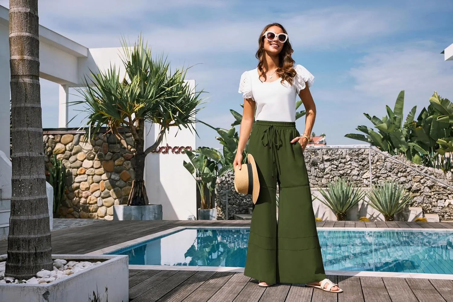 GRACE KARIN Women's Summer Palazzo Pants Vacation Outfits High Waisted Hollow Out Wide Leg Trouser with Pockets