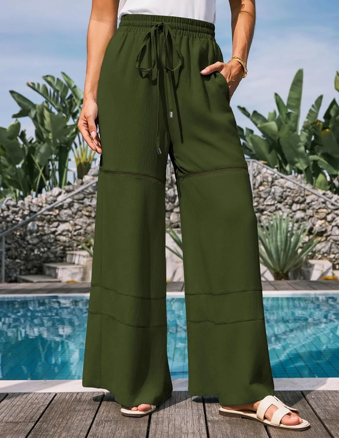 GRACE KARIN Women's Summer Palazzo Pants Vacation Outfits High Waisted Hollow Out Wide Leg Trouser with Pockets