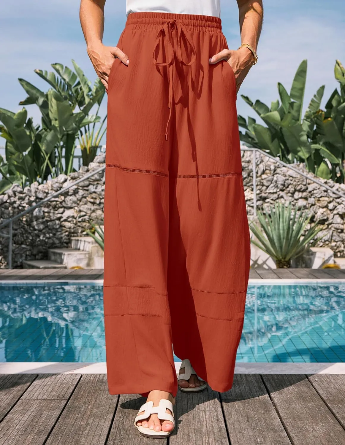 GRACE KARIN Women's Summer Palazzo Pants Vacation Outfits High Waisted Hollow Out Wide Leg Trouser with Pockets