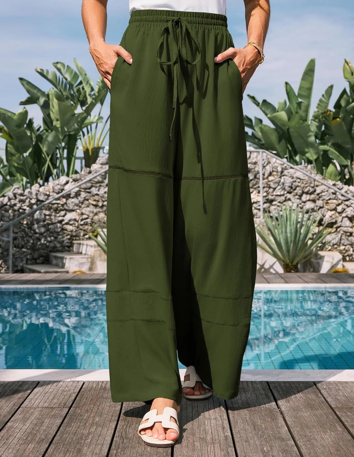 GRACE KARIN Women's Summer Palazzo Pants Vacation Outfits High Waisted Hollow Out Wide Leg Trouser with Pockets
