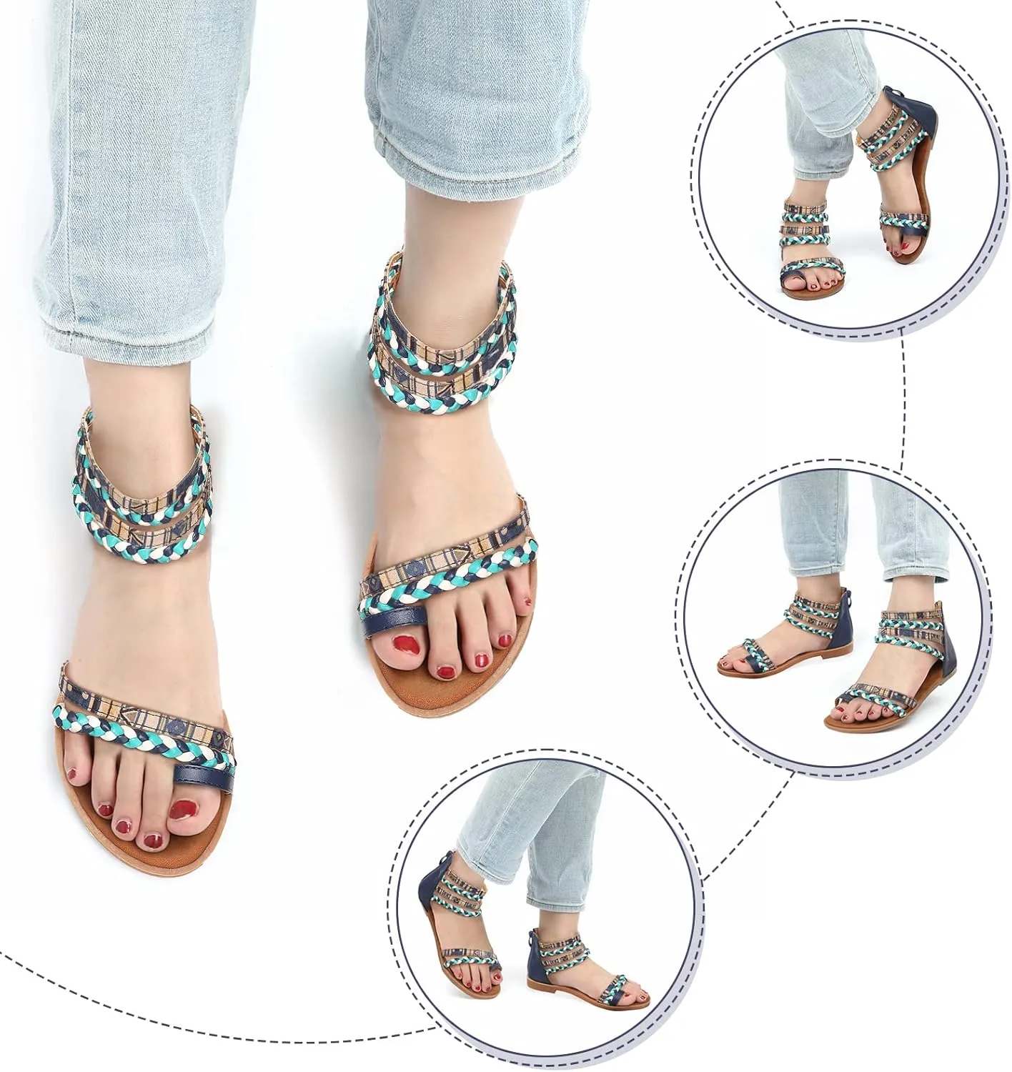 gracosy Summer Sandals for Women Flat Sandals Woven Straps Fashion Bohemia Beach Shoes Ankle Strap Sandals with Zipper Gladiator Dress Sandals Ankle Slippers